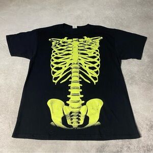 Vintage Halloween Shirt Sz L Black Short Sleeve Skeleton Bones Glow in the Dark